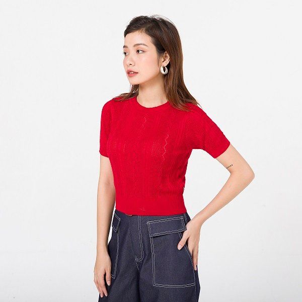 Áo Len Cổ Tròn Cộc Tay Vien Tran Màu Đỏ