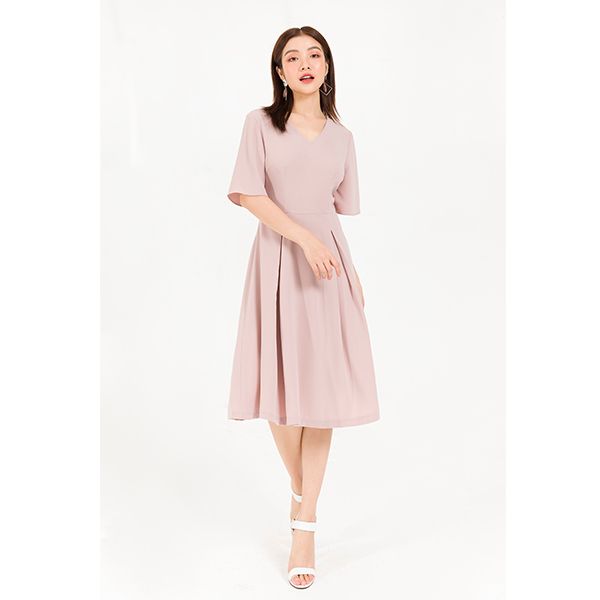 Đầm Cổ V Ly Súp Màu Hồng Be Vien Tran V63I20H024-S1800