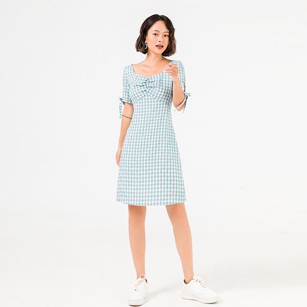 Đầm A Cổ Vuông Nhún Kẻ Caro Vien Tran V63R20H037-C1533