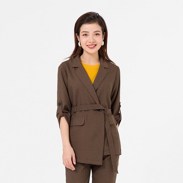 Áo Vest Đai Eo Một Lớp Vien Tran Màu Nâu Kẻ Caro Đen GBQ014