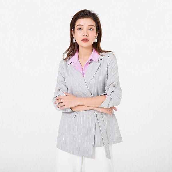Áo Vest Đai Eo Một Lớp Vien Tran Màu Xám Kẻ Sọc Trắng