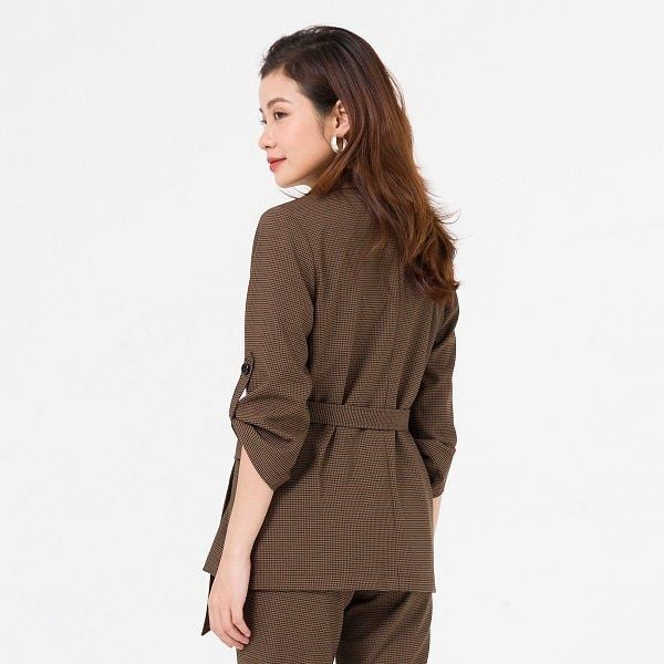 Set Áo Vest Đai Eo 1 lớp GBQ014 - Quần Gấu Xẻ GBT004 Vien Tran Màu Nâu Kẻ Sọc Trắng