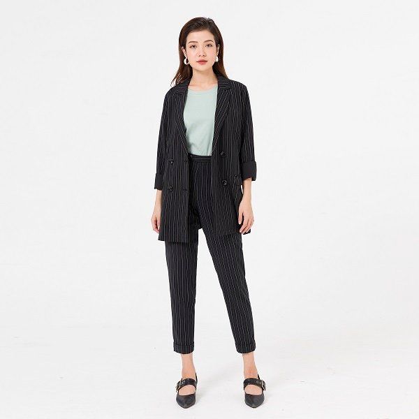 Set Áo Vest GBT002+T003 - Quần Baggy GBT008 Vien Tran Màu Đen Kẻ Sọc Trắng