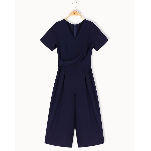 Jumpsuit Vặn Eo Vien Tran Màu Xanh Than