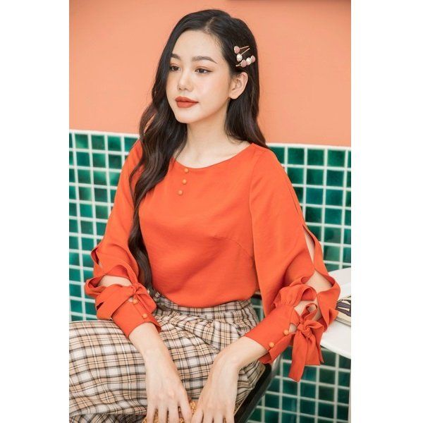 Sơ Mi Tay Dài Nối Đoạn Phối Dây Nơ Charmilles