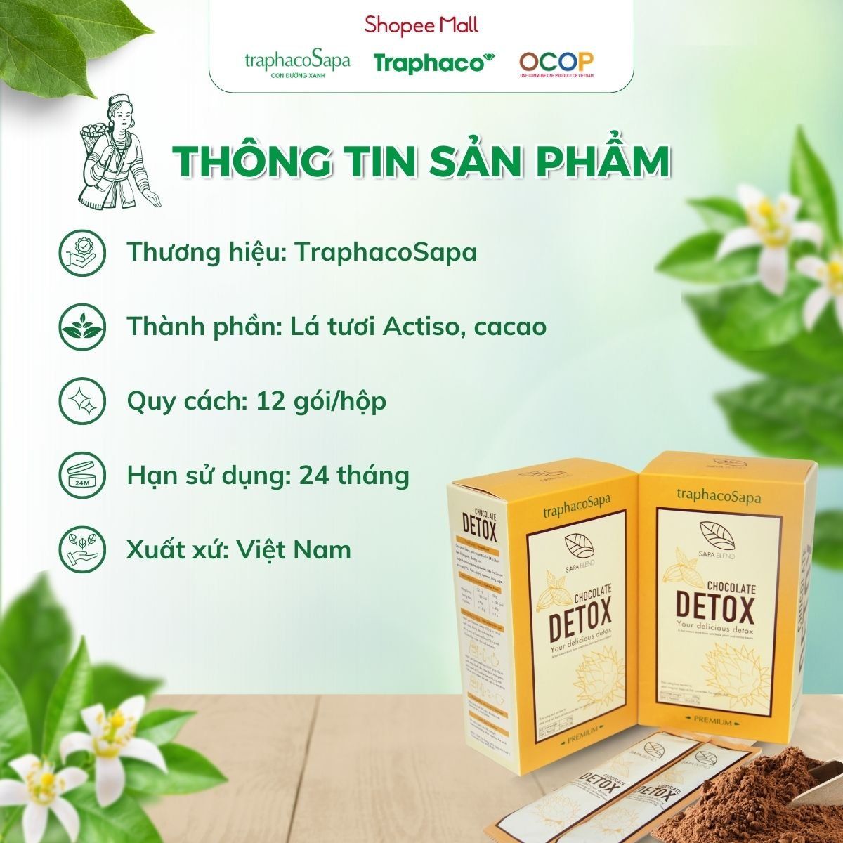 Bột Cacao - Atiso/Actiso TRAPHACOSAPA Chocolate Detox OCOP 4 Sao Thanh Lọc Cơ Thể Giảm Căng Thẳng Hộp 12 Gói