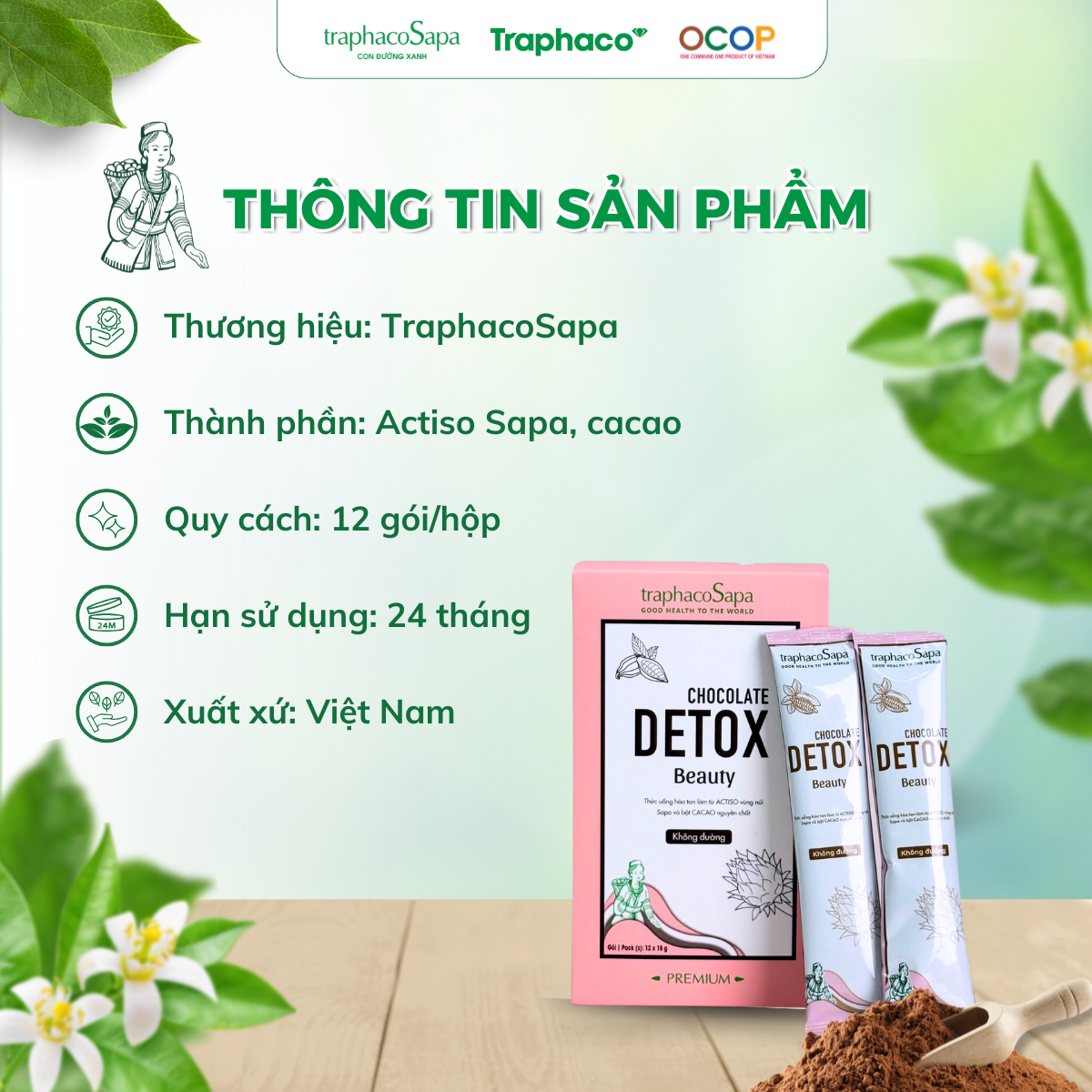 Bột Cacao - Atiso/Actiso KHÔNG ĐƯỜNG - TRAPHACOSAPA Chocolate Detox OCOP 4 Sao Thanh Lọc Cơ Thể Giảm Căng Thẳng Hộp 12 Gói