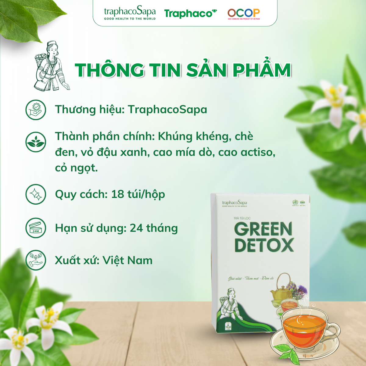 Trà túi lọc Green Detox - Giải nhiệt, thơm mát, đậm đà hộp 18 túi lọc