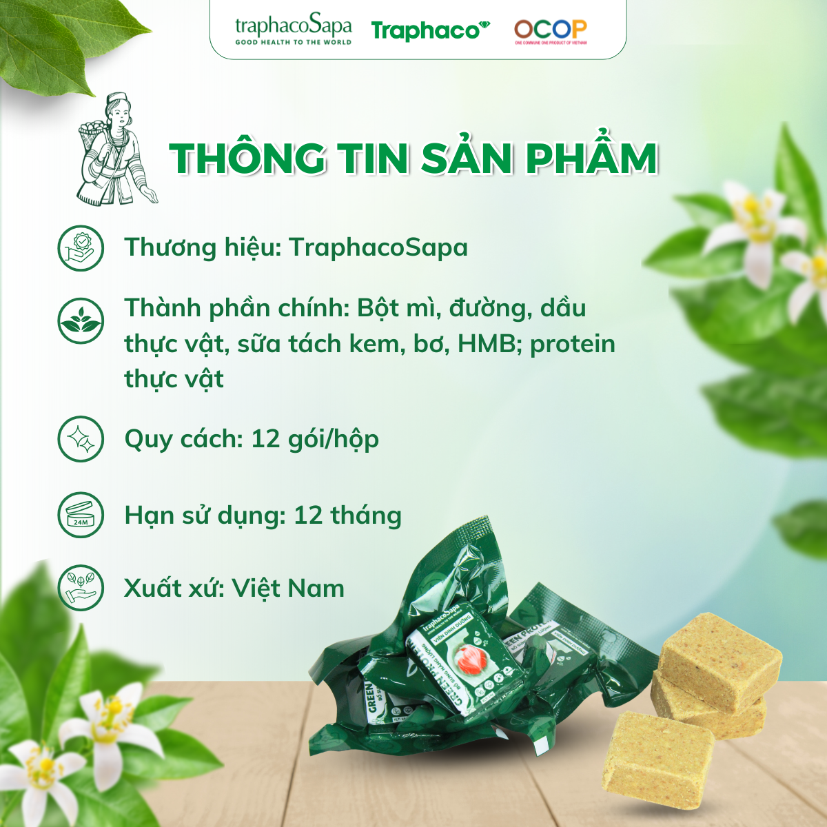 Viên Dinh Dưỡng Green Protein TRAPHACOSAPA hộp 12 viên dạng lương khô