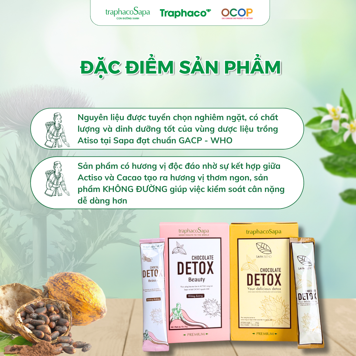 Bột Cacao - Atiso/Actiso KHÔNG ĐƯỜNG - TRAPHACOSAPA Chocolate Detox OCOP 4 Sao Thanh Lọc Cơ Thể Giảm Căng Thẳng Hộp 12 Gói