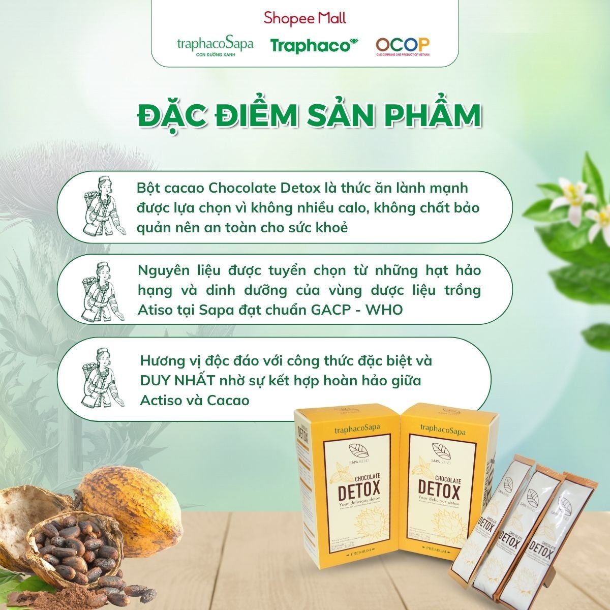 Bột Cacao - Atiso/Actiso TRAPHACOSAPA Chocolate Detox OCOP 4 Sao Thanh Lọc Cơ Thể Giảm Căng Thẳng Hộp 12 Gói