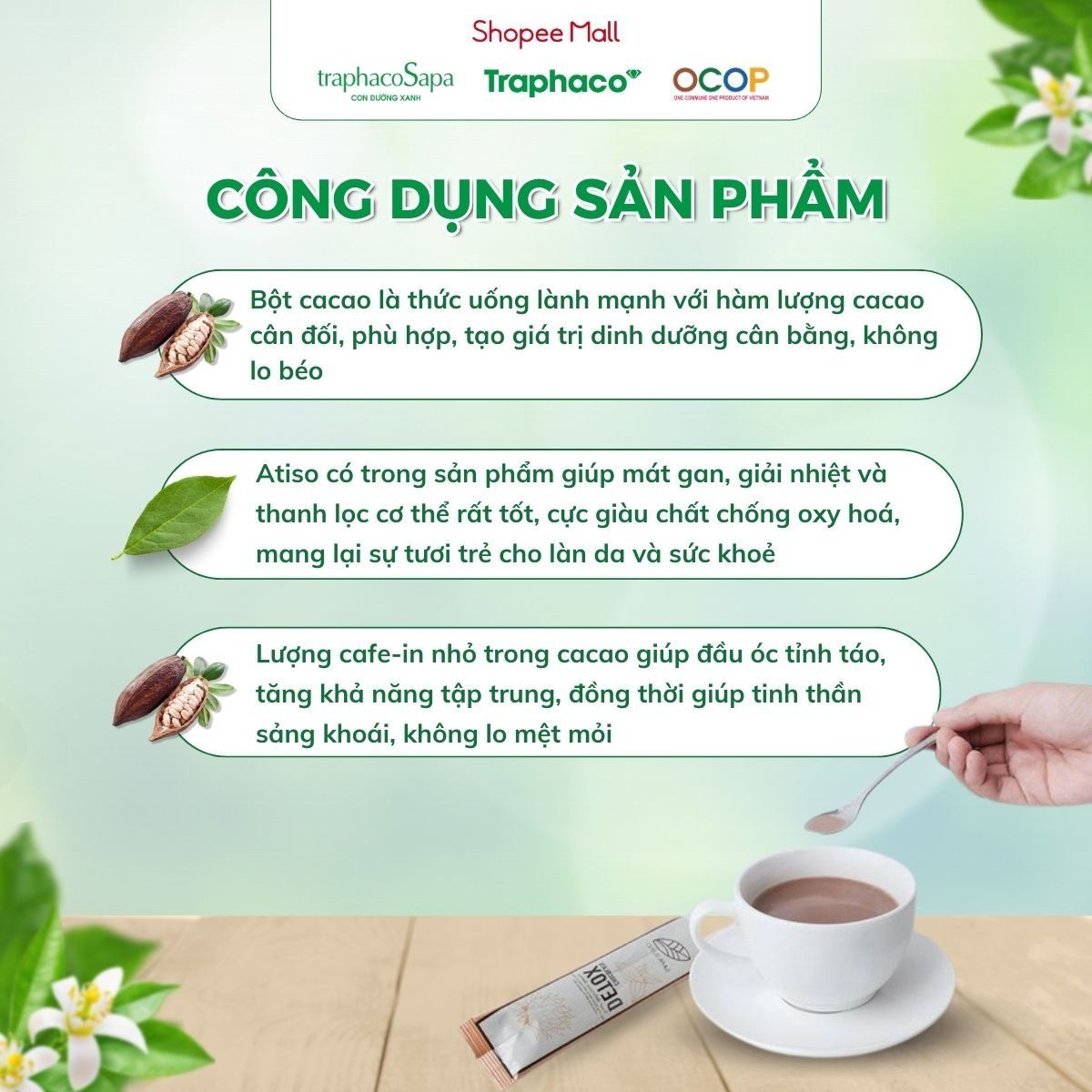 Bột Cacao - Atiso/Actiso TRAPHACOSAPA Chocolate Detox OCOP 4 Sao Thanh Lọc Cơ Thể Giảm Căng Thẳng Hộp 12 Gói