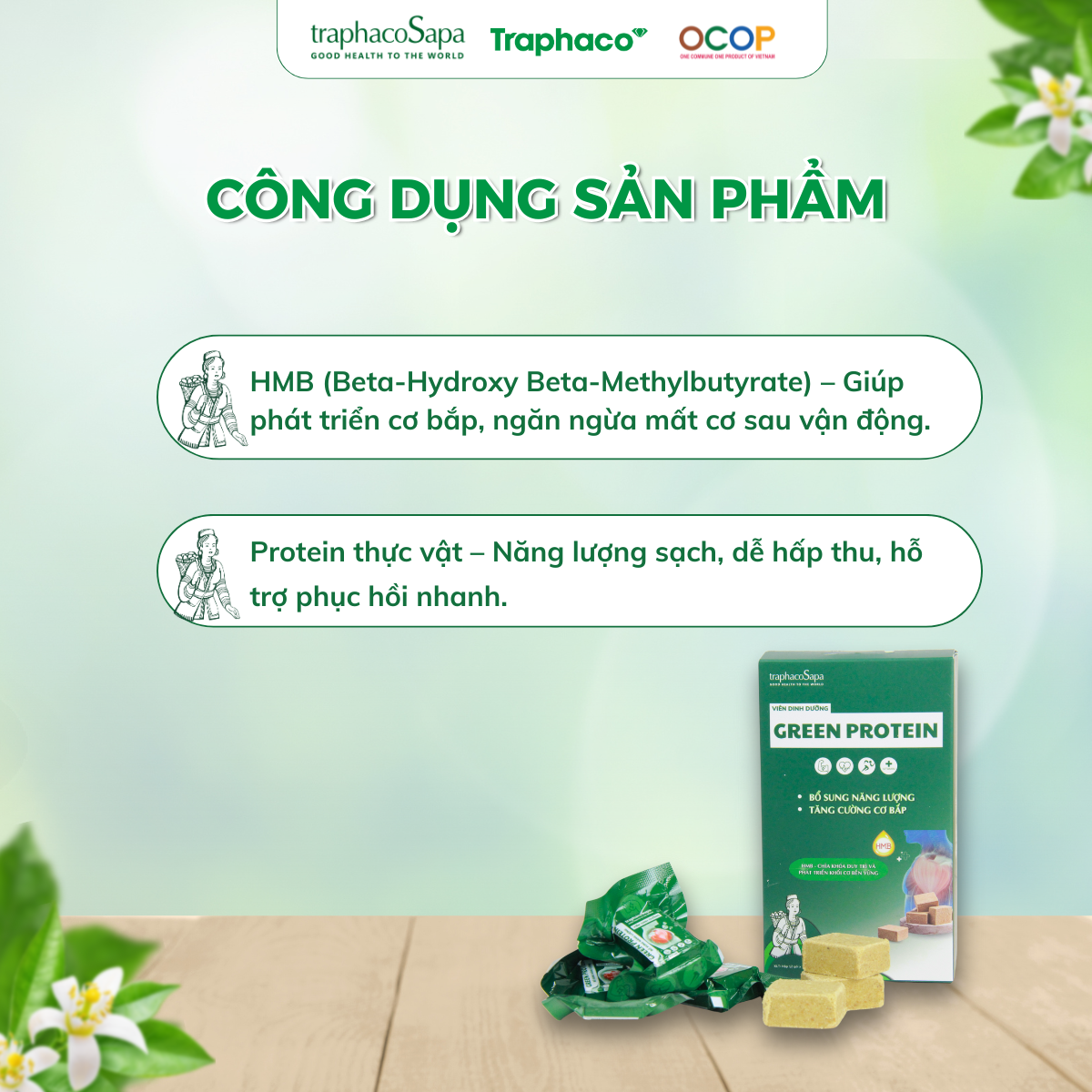 Viên Dinh Dưỡng Green Protein TRAPHACOSAPA hộp 12 viên dạng lương khô