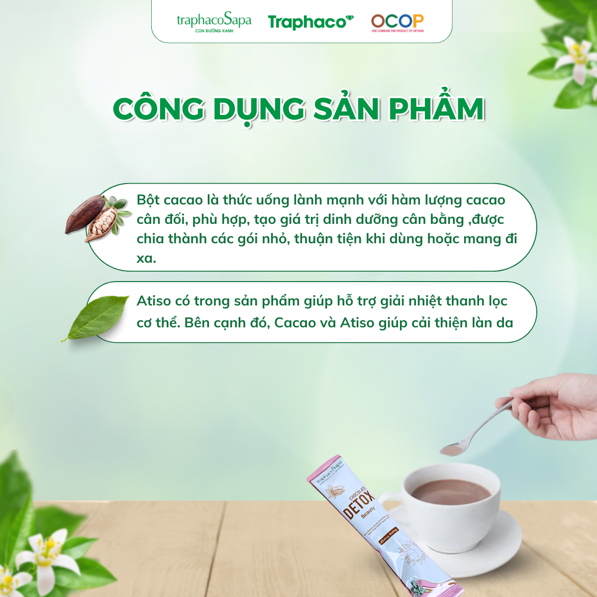 Bột Cacao - Atiso/Actiso KHÔNG ĐƯỜNG - TRAPHACOSAPA Chocolate Detox OCOP 4 Sao Thanh Lọc Cơ Thể Giảm Căng Thẳng Hộp 12 Gói