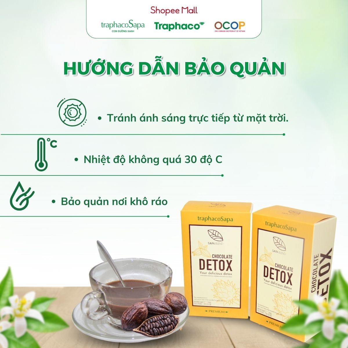 Bột Cacao - Atiso/Actiso TRAPHACOSAPA Chocolate Detox OCOP 4 Sao Thanh Lọc Cơ Thể Giảm Căng Thẳng Hộp 12 Gói