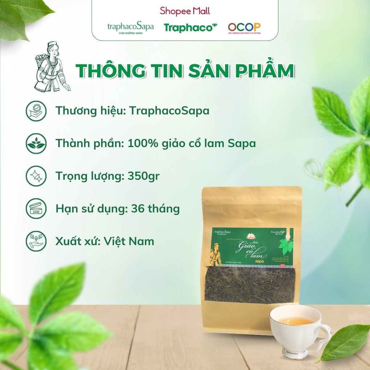 Trà Thảo Dược Giảo Cổ Lam Sapa TRAPHACOSAPA Loại 5 Lá OCOP 3 Sao Giảm Căng Thẳng Kiểm Soát Đường Huyết 350gr