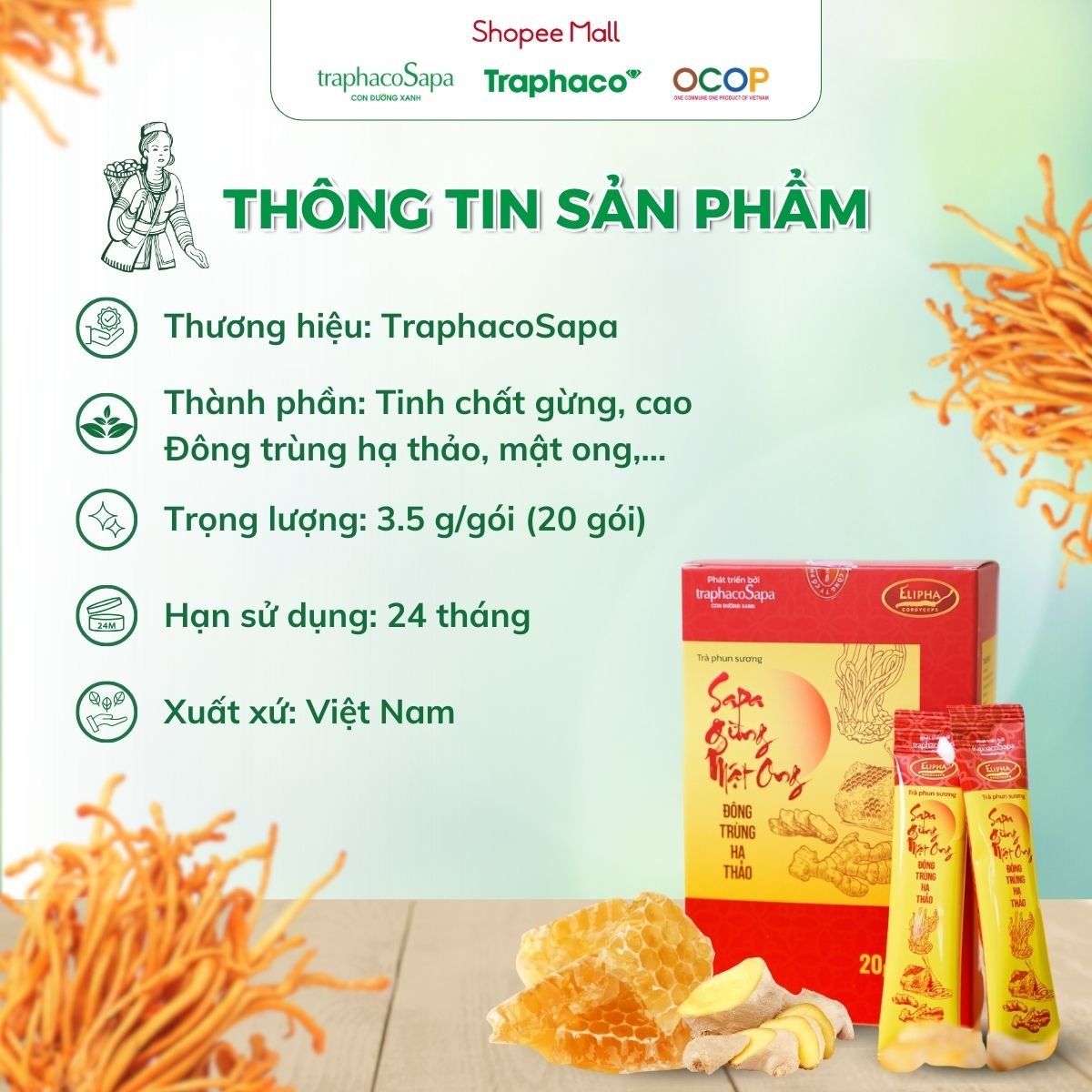 Trà Phun Sương Gừng Mật Ong Đông Trùng Hạ Thảo Sapa TRAPHACOSAPA Thanh Lọc Cơ Thể Hộp 20 Gói
