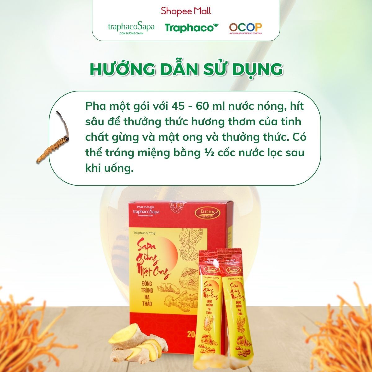 Trà Phun Sương Gừng Mật Ong Đông Trùng Hạ Thảo Sapa TRAPHACOSAPA Thanh Lọc Cơ Thể Hộp 20 Gói