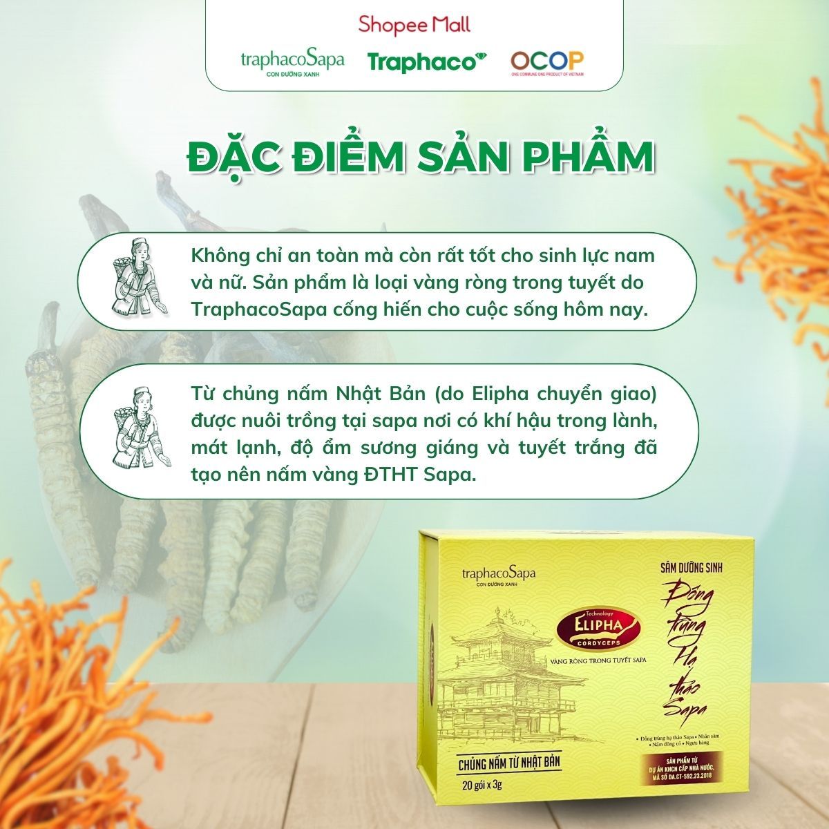 Trà Phun Sương Dưỡng Sinh Đông Trùng Hạ Thảo TRAPHACOSAPA Tốt Cho Sức Khoẻ Xua Tan Mệt Mỏi Hộp 20 Gói
