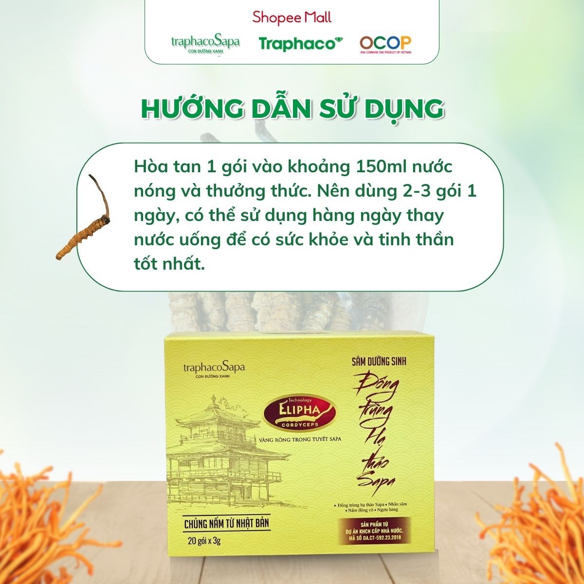 Trà Phun Sương Dưỡng Sinh Đông Trùng Hạ Thảo TRAPHACOSAPA Tốt Cho Sức Khoẻ Xua Tan Mệt Mỏi Hộp 20 Gói