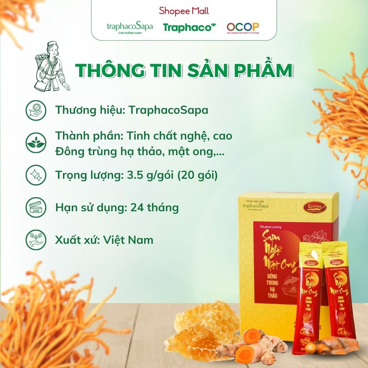 Trà Phun Sương Nghệ Mật Ong Đông Trùng Hạ Thảo Sapa TRAPHACOSAPA Giảm Mệt Mỏi Nâng Cao Cuộc Sống Hộp 20 Gói