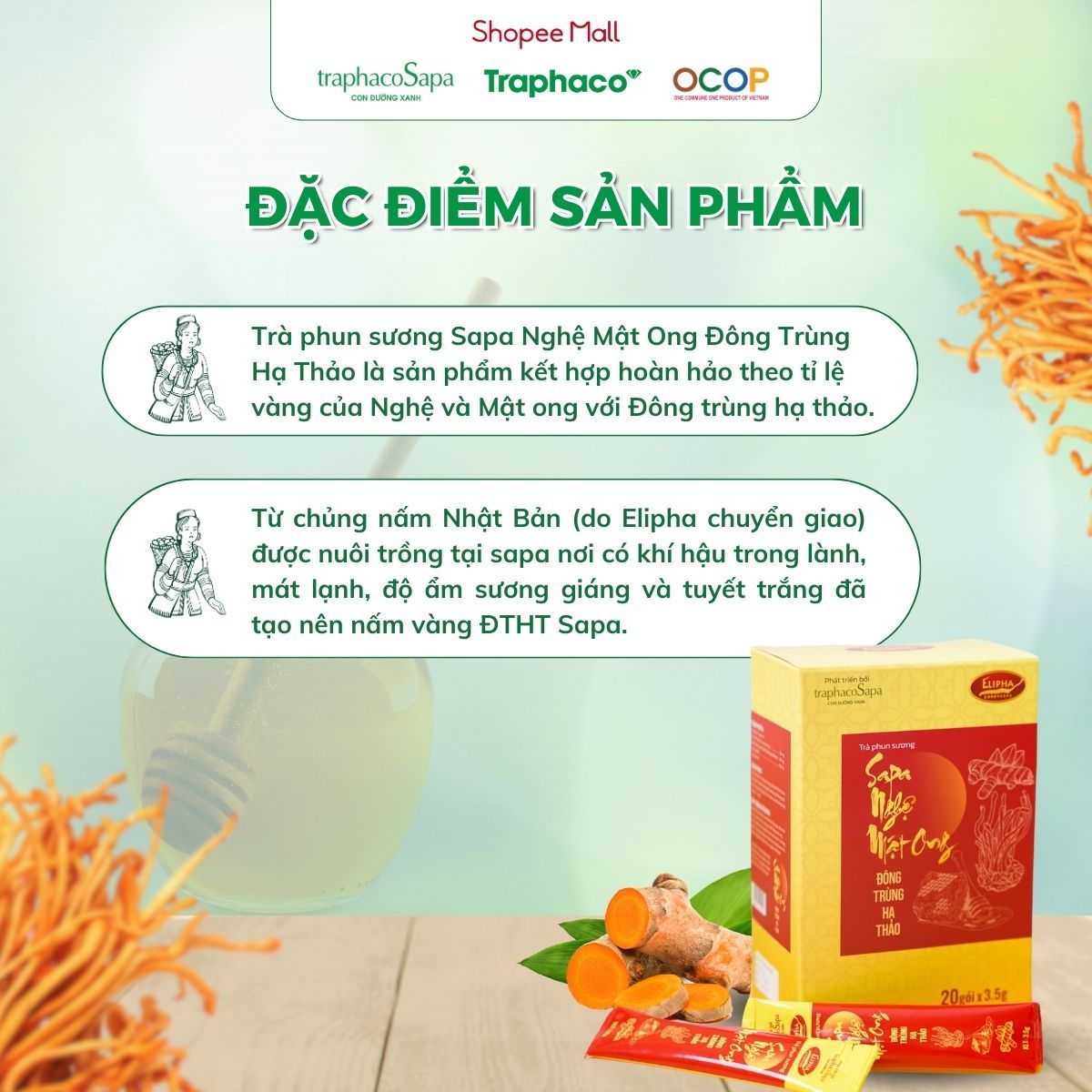 Trà Phun Sương Nghệ Mật Ong Đông Trùng Hạ Thảo Sapa TRAPHACOSAPA Giảm Mệt Mỏi Nâng Cao Cuộc Sống Hộp 20 Gói