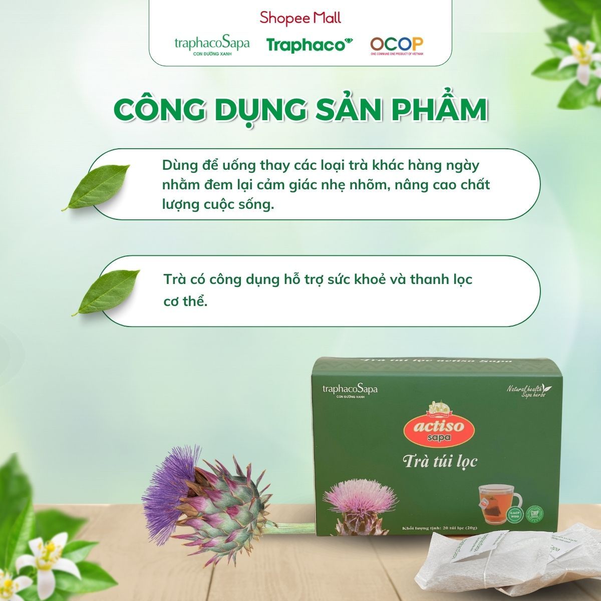 Trà Túi Lọc Actiso/ Atiso Sapa TRAPHACOSAPA Hỗ Trợ Sức Khoẻ Thanh Lọc Cơ Thể Hộp 20 Túi Lọc