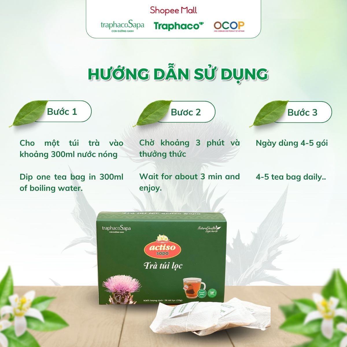 Trà Túi Lọc Actiso/ Atiso Sapa TRAPHACOSAPA Hỗ Trợ Sức Khoẻ Thanh Lọc Cơ Thể Hộp 20 Túi Lọc