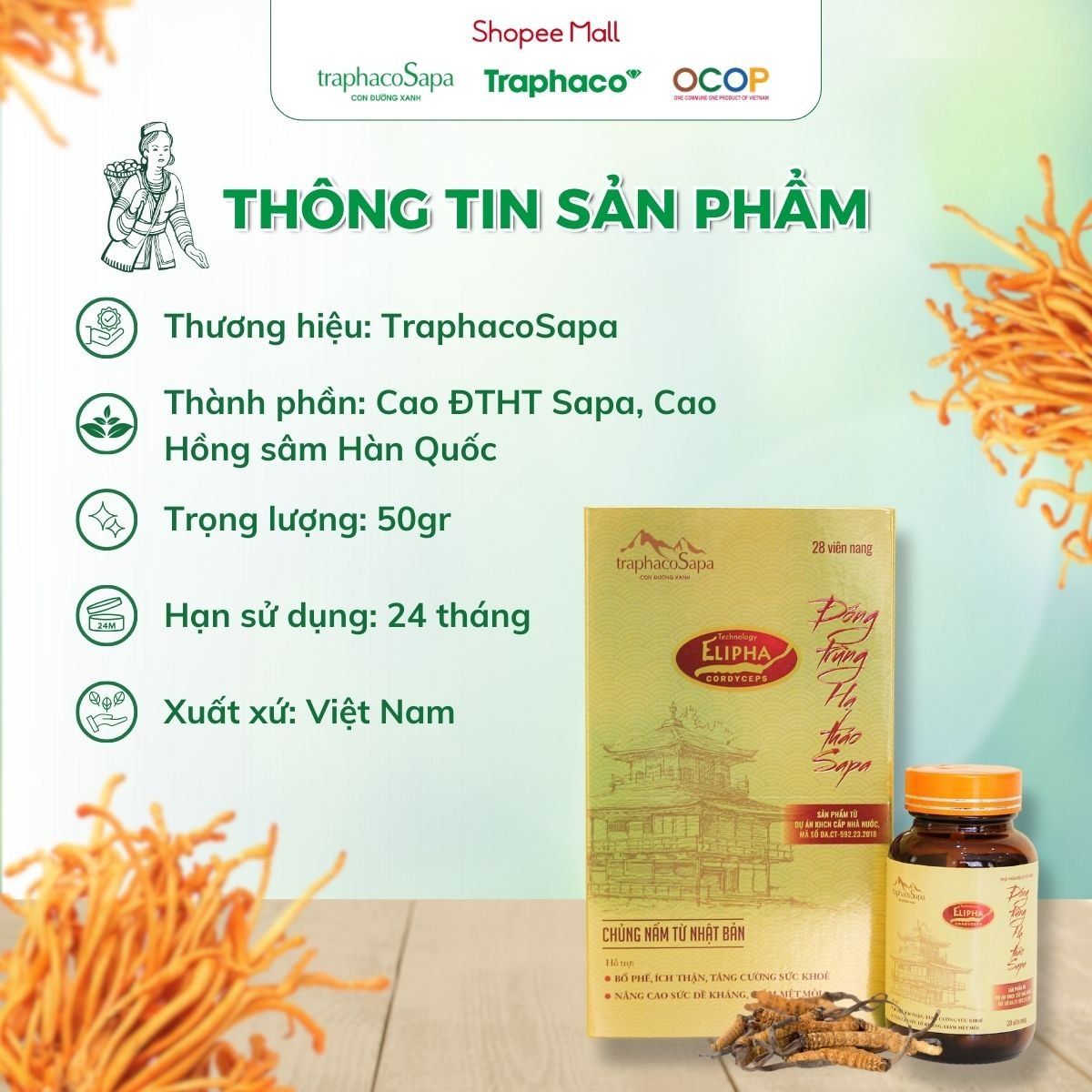 Viên Nang Đông Trùng Hạ Thảo Sapa TRAPHACOSAPA OCOP 3 Sao Tăng Sức Đề Kháng Giảm Mệt Mỏi Hộp 28 Viên