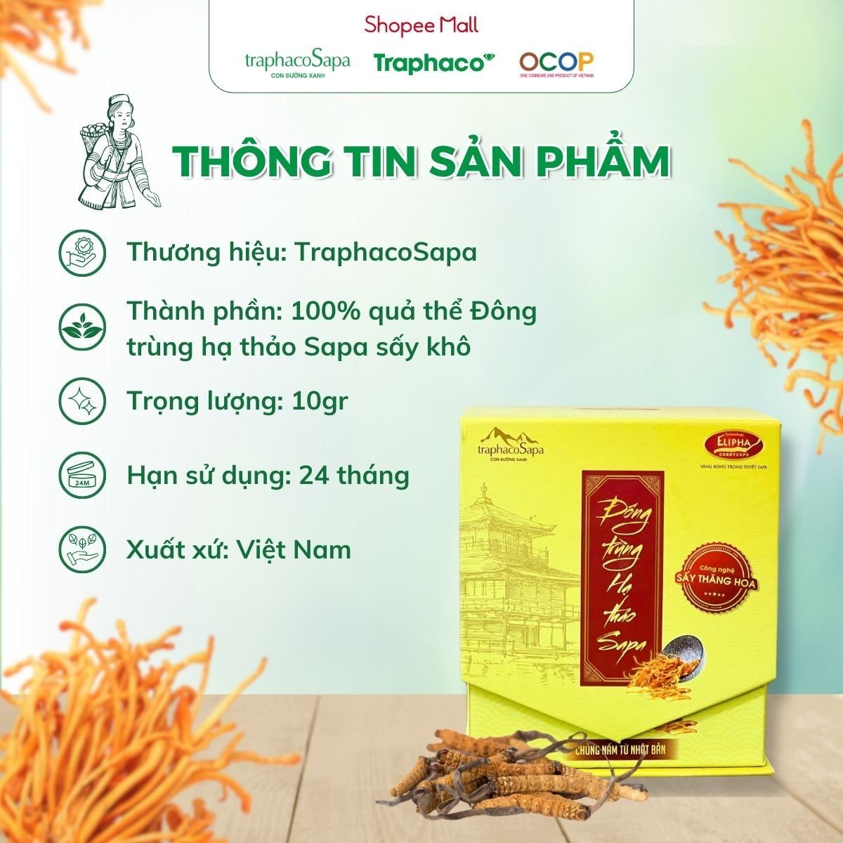 Đông Trùng Hạ Thảo Sapa Sấy Thăng Hoa TRAPHACOSAPA Nâng Cao Sức Khoẻ Giảm Mệt Mỏi 10gr