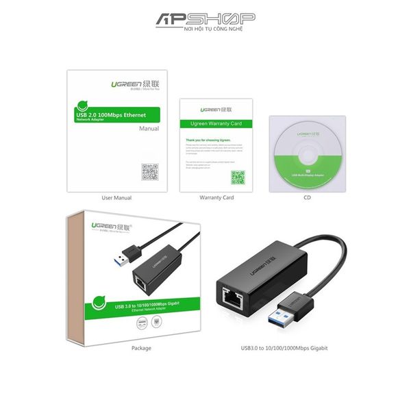 Cáp chuyển USB 3.0 to Lan hỗ trợ 10/100/1000 Mbps Ugreen | Chính hãng