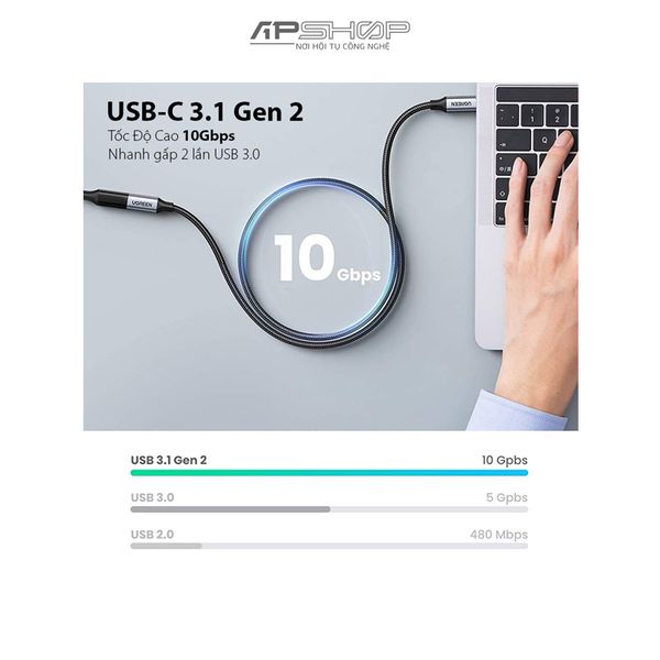 Cáp nối dài USB C Ugreen Gen 2/ 4K 60Hz/ 100w/ 10Gbps | Chính hãng