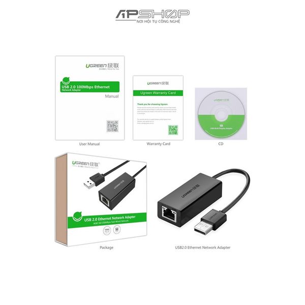 Cáp USB to Lan 2.0 cho Macbook, pc, laptop hỗ trợ Ethernet 10/100 Mbps Ugreen | Chính hãng