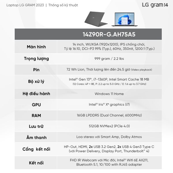 Laptop doanh nhân LG Gram 2023 14Z90R | i7 | Ram 16GB | SSD 512GB | Win 11 Home Plus | Black | Chính hãng