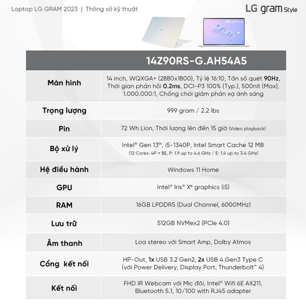 Laptop doanh nhân LG Gram 2023 14Z90RS | i5 | Ram 16GB | SSD 512GB | Win 11 Home Plus | White | Chính hãng