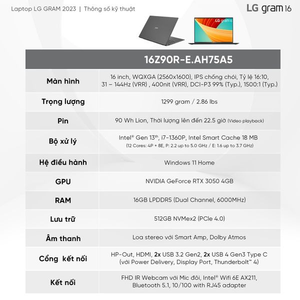 Laptop doanh nhân LG Gram 2023 16Z90RS | i7 | Ram 16GB | SSD 512GB | Win 11 Home Plus | BLack | Chính hãng