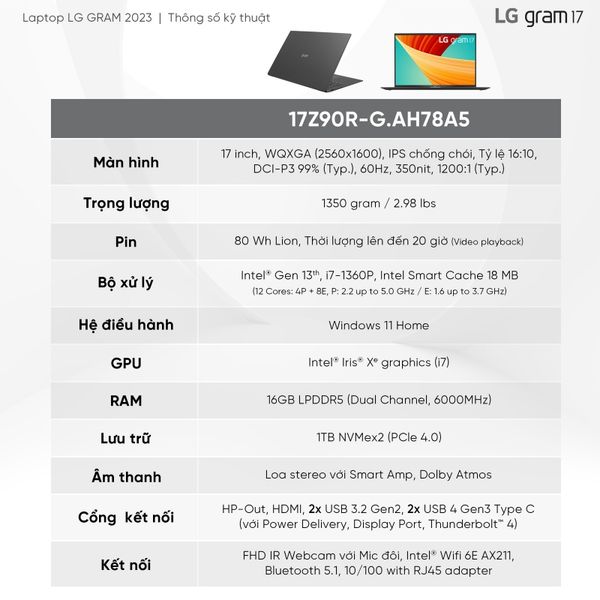 Laptop doanh nhân LG Gram 2023 17Z90R | i7 | Ram 16GB | SSD 1TB | Win 11 Home Plus | BLack | Chính hãng