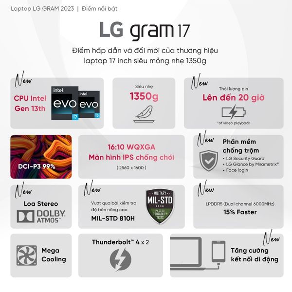 Laptop doanh nhân LG Gram 2023 17ZD90R | i7 | Ram 16GB | SSD 256GB | Non-OS | Grey | Chính hãng