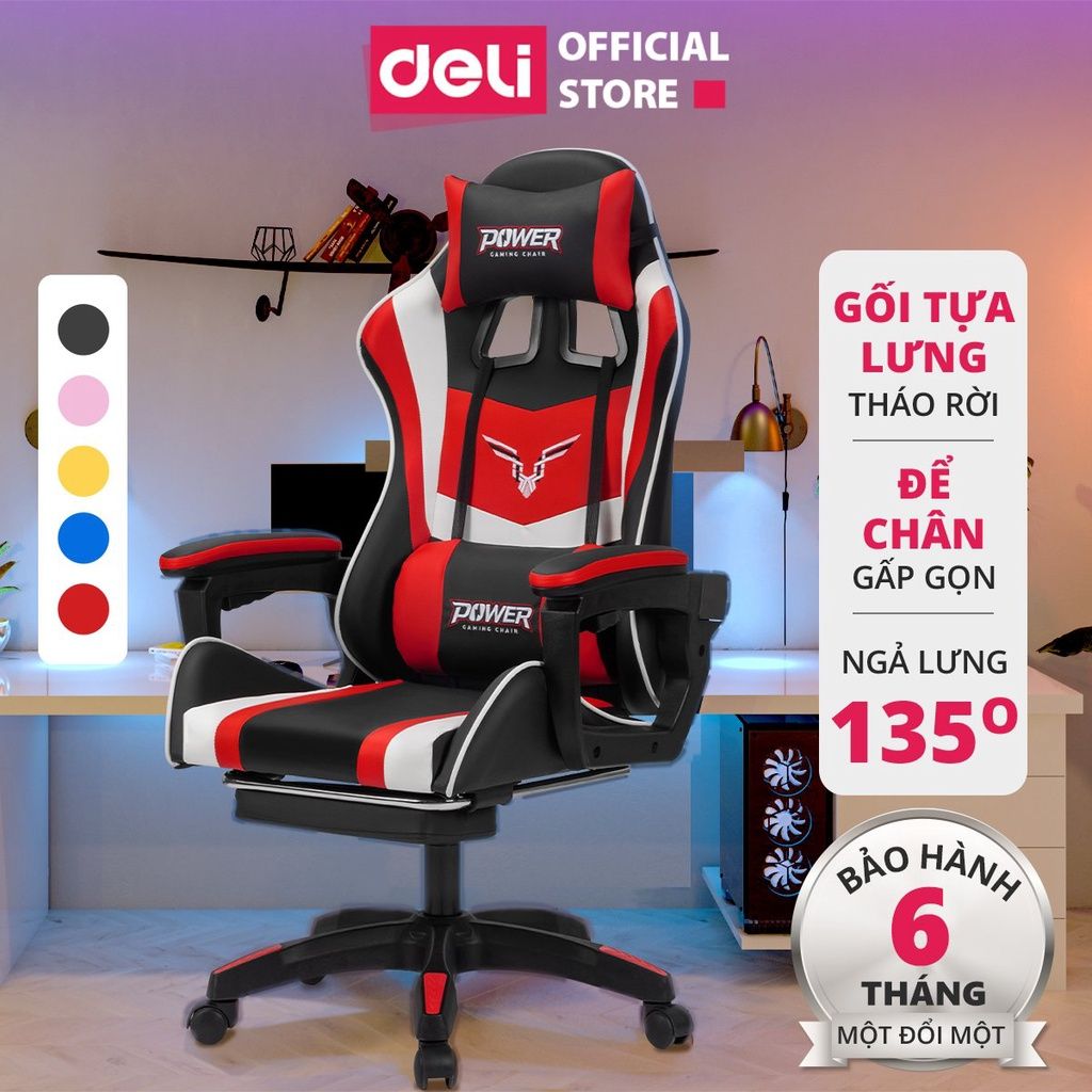 Ghế gaming Deli dành cho streamer, ghế chơi game thủ có tựa đầu, gác chân, nâng hạ ngả lưng - E4927