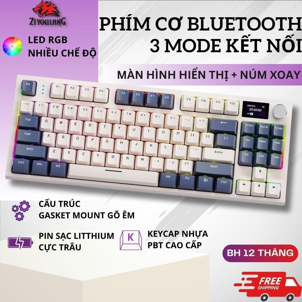 Bàn Phím Cơ Không Dây Bluetooth ZiyouLang K86 RGB Led, Có Màn Hình Led Tùy Chỉnh, Tích Hợp Núm Xoay