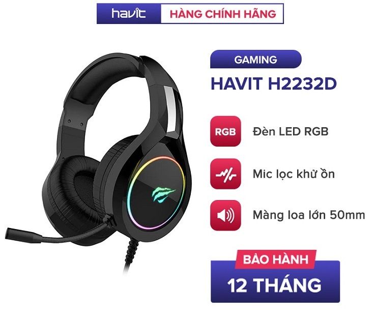 Tai Nghe Gaming Headphone HAVIT H2232D, Driver 50mm, Đèn Led RGB, Mic Khử Nhiễu - Chính Hãng BH 12 Tháng