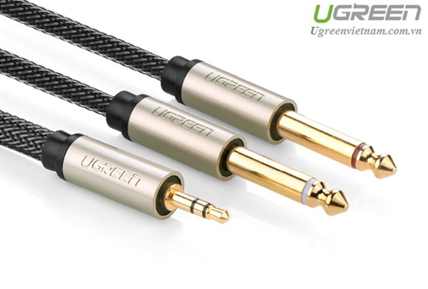 Cáp Audio 3,5mm to 2 đầu 6,5mm dài 5m chính hãng Ugreen 10619 mạ vàng cao cấp