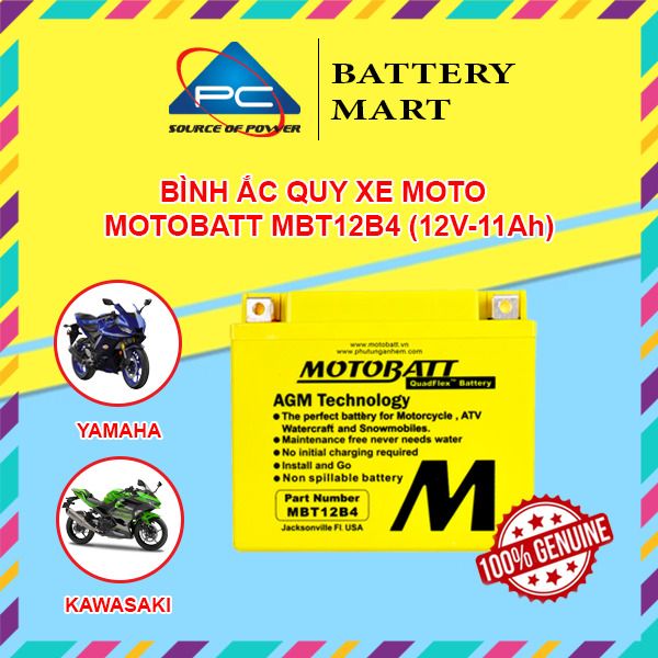 Ắc quy xe moto phân khối lớn MOTOBATT MBT12B4 12V - 11AH, thương hiệu của Mỹ, dùng cho xe  DUCATI, KAWASAKI, YAMAHA, TRIUMPH