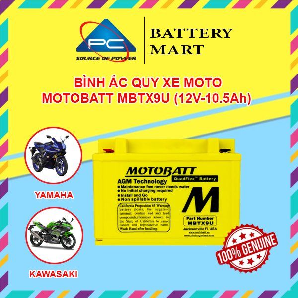 Ắc quy xe moto phân khối lớn MOTOBATT MBTX9U 12V - 10.5AH, thương hiệu Hoa Kỳ dùng cho xe Honda SH300i, SH350i, BMW, KAWASAKI, KTM, YAMAHA, SUZUKI, TRIUMPH