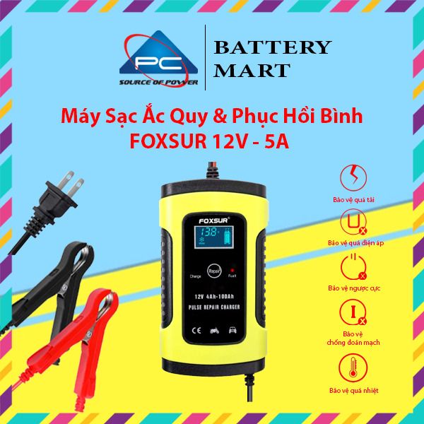 Bộ Sạc Acquy, Máy Sạc Ắc Quy FOXSUR 12V 5A Kèm Phục Hồi Bình, Sạc Bình Acquy, Tự Ngắt Khi Đầy, Khử Sunfat