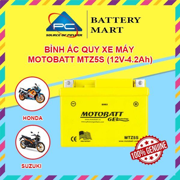 Ắc quy xe máy MOTOBATT MTZ5S 12V - 4.2AH, dùng cho xe Wave RS, Air Blade, Nozza, Sirius, Winner, Blade, Super cup