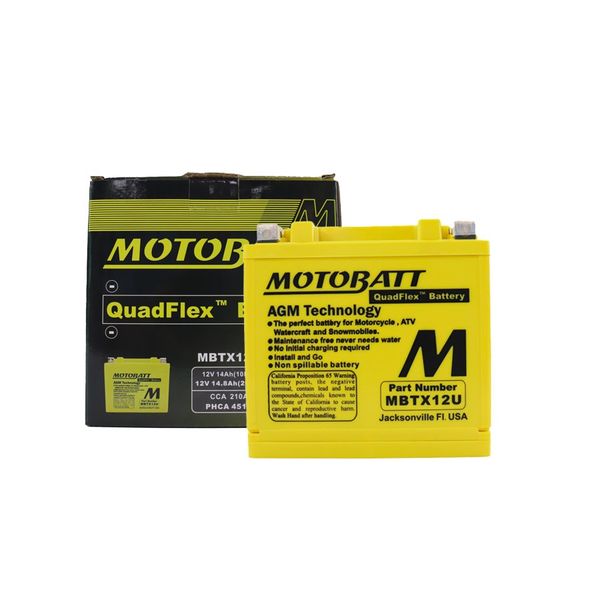 Ắc quy xe moto phân khối lớn MOTOBATT MBTX12U 12V - 14AH, thương hiệu của Mỹ, dùng cho xe BMW, HONDA, KAWASAKI, KTM, YAMAHA, SUZUKI, TRIUMPH