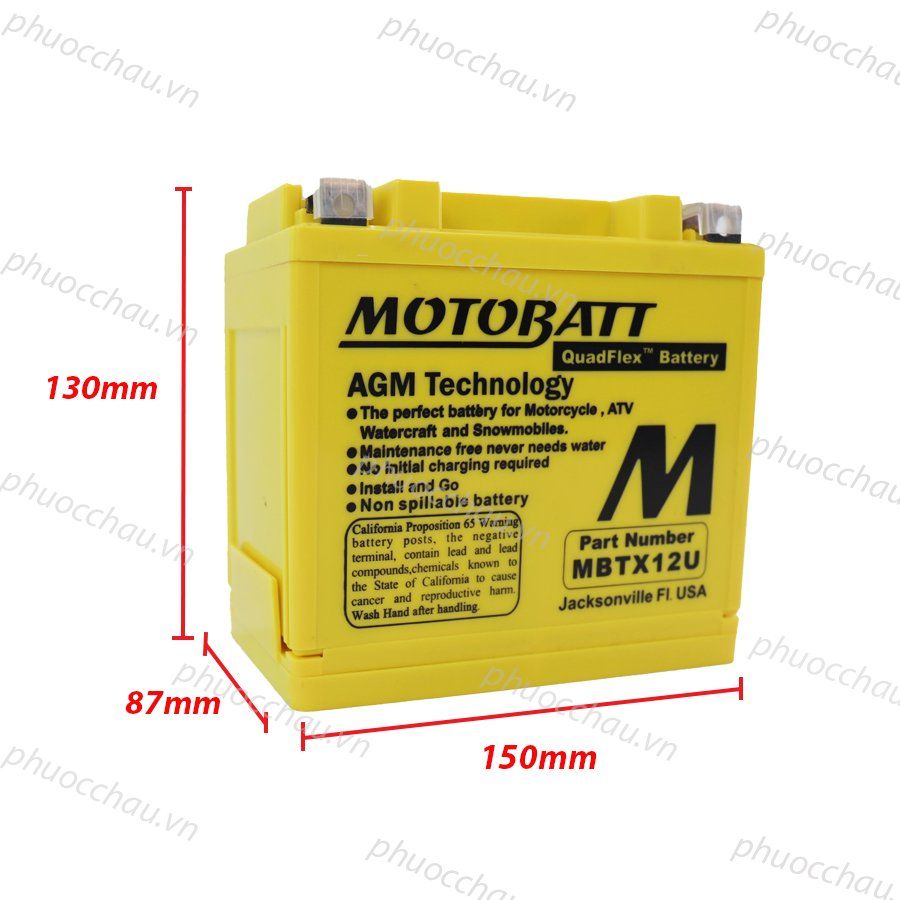 Ắc quy xe moto phân khối lớn MOTOBATT MBTX12U 12V - 14AH, thương hiệu của Mỹ, dùng cho xe BMW, HONDA, KAWASAKI, KTM, YAMAHA, SUZUKI, TRIUMPH