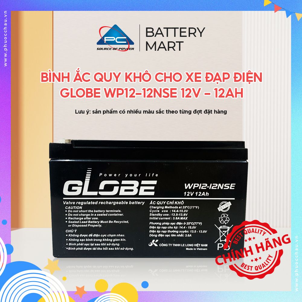 Bình Ắc Quy Khô Globe WP12-12 12V12AH, dùng cho loa kéo, bình phun thuốc, ups, xe đạp điện