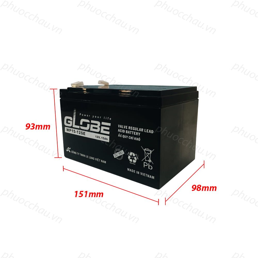 Bình Ắc Quy Khô Globe WP15-12SE 12V15AH, dùng cho loa kéo, bình phun thuốc, ups, xe đạp điện